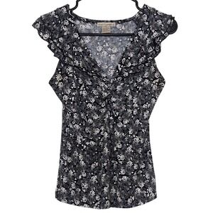 Susan Lawrence Womens Medium Black Knot Front V Neck Frilly Sleeve Short Sleeve‎